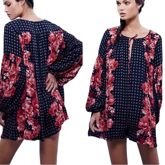 Free People Sunset Boulevard Black Floral Tie Neck Romper - S - Picture 1 of 15